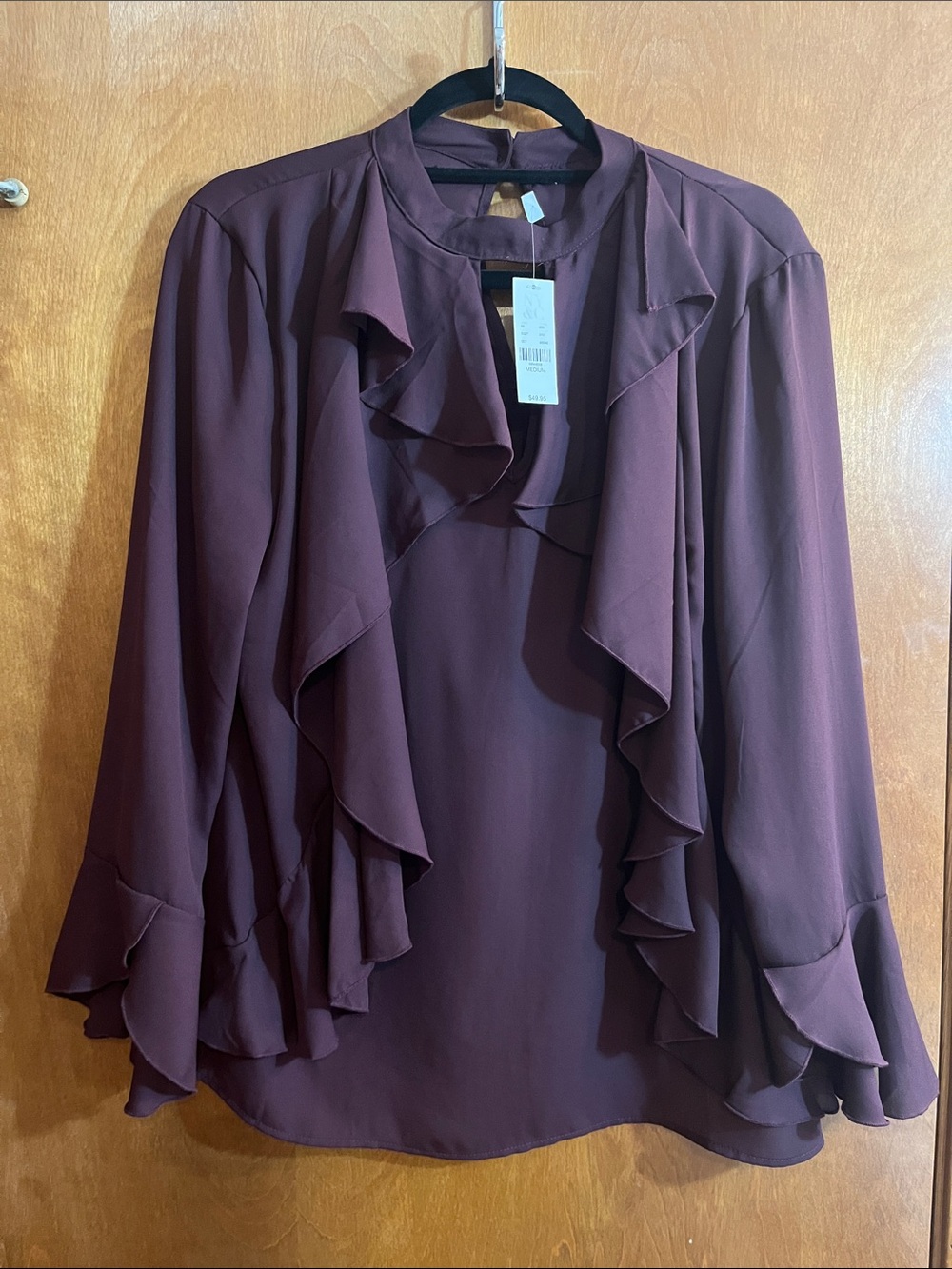 New York & Company Wine Ruffle-Front Long-Sleeve Blouse - Bundle